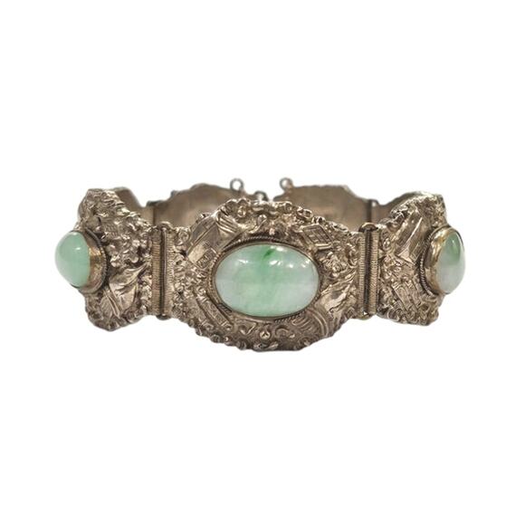 Vintage Chinese Export Silver Jadeite Bracelet Filigree Scrollwork Art Deco - Picture 2 of 8